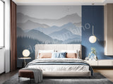 Modern bedroom with a mountain mural on the wall