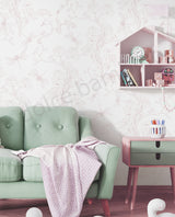 Delicate blue floral and butterfly wallpaper with intricate botanical illustrations on a soft white background.