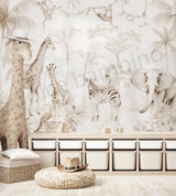 Wallpaper with safari animals in a room with storage cabinets and decor items.