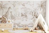 Children's room with animal-themed wallpaper, teepee, and toys.