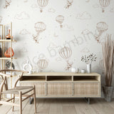 Wooden cabinet with a wallpaper with hot air balloon and cloud pattern. 