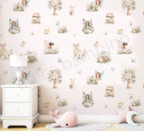 Children's room with fairy-themed wallpaper, white nightstand, and plush toys.