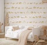 Children's room with beige wallpaper featuring a repeating pattern of safari animals like lions, zebras, and elephants in gold tones.