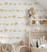 Children's room with beige wallpaper featuring a repeating pattern of safari animals like lions, zebras, and elephants in gold tones.