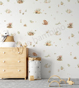 A wallpaper with a woodland animal theme, featuring illustrations of a bear, rabbit, hedgehog, deer, and a fox, in a room setting with furniture and toys.