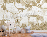 A well styled children's room corner featuring a large safari-themed wallpaper mural with animal characters like elephants, giraffes, monkeys, and tropical leaves in warm beige and taupe tones.
