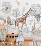 Luxury kids wallpaper mural featuring a whimsical wildlife scene with giraffe, tiger, lion, rabbits, and tropical trees in soft pastel tones.