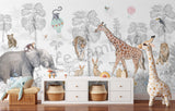 Luxury kids wallpaper mural featuring a whimsical wildlife scene with giraffe, tiger, lion, rabbits, and tropical trees in soft pastel tones.