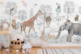 Luxury kids wallpaper mural featuring a whimsical wildlife scene with giraffe, tiger, lion, rabbits, and tropical trees in soft pastel tones.