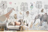 Luxury kids wallpaper mural featuring a whimsical wildlife scene with giraffe, tiger, lion, rabbits, and tropical trees in soft pastel tones.