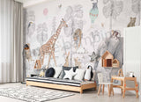 Luxury kids wallpaper mural featuring a whimsical wildlife scene with giraffe, tiger, lion, rabbits, and tropical trees in soft pastel tones.