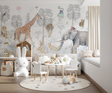 Luxury kids wallpaper mural featuring a whimsical wildlife scene with giraffe, tiger, lion, rabbits, and tropical trees in soft pastel tones.C