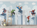 Superhero wall mural with characters on a cityscape background