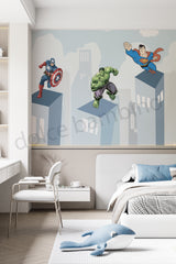 Superhero mural on a wall in a bedroom with superhero-themed decor.
