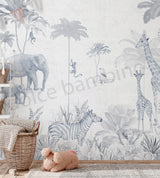 Children's room with jungle-themed wallpaper featuring elephants, giraffes, and zebras.