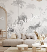 A room with a mighty jungle - monotone wall mural depicting a jungle scene with an elephant, giraffe, zebra, and flamingos in gray tones.