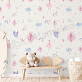Repeated pattern style wallpaper featuring ballerinas and ballet-themed elements in pink and purple hues, with a house and garden decor setting.
