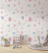 Repeated pattern style wallpaper featuring ballerinas and ballet-themed elements in pink and purple hues, with a house and garden decor setting.