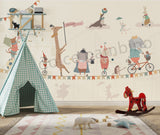 Rope Carnival wallpaper mural featuring elephants, giraffes, rabbits and mice performing carnival acts in a whimsical children's bedroom.