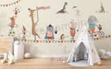 Rope Carnival wallpaper mural featuring elephants, giraffes, rabbits and mice performing carnival acts in a whimsical children's bedroom.