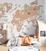 Children's room with a wall mural featuring a world map with animals and hot air balloons in a scandinavian style.