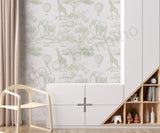 Children's room with animal-themed wallpaper white wardrobe,and wooden shelf.