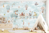 Children's room with a decorative wall mural featuring hot air balloons and animals.