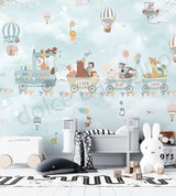 Children's room with cartoon animal wallpaper, toys, and furniture.