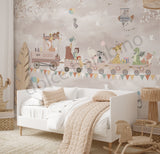 Children's bedroom with a white bed, decorative wall mural, and wooden toys.