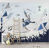Wall mural with a soccer player in action, surrounded by geometric shapes and a ladder on a shelf.