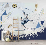 Wall mural of a soccer player kicking a ball with a trophy, surrounded by geometric shapes and silhouettes of spectators.