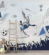 Wall mural of a soccer player in action with geometric shapes and text on a wall.