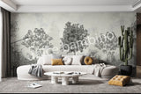 Modern living room styled with Dolce Bambino’s Lush Forest wallpaper featuring elegant forest scenery and nature-inspired details.