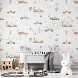 A wallpaper with a vibrant pattern of sports cars and jungle animals in a playful design.