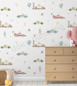 A wallpaper with a vibrant pattern of sports cars and jungle animals in a playful design.