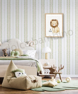 Children's room with striped wallpaper, a lion poster on the wall, bean bag chair, and toys.