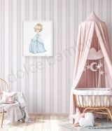 Children's room with striped pattern wallpaper,a crib, pink canopy, and framed picture of a princess on the wall.