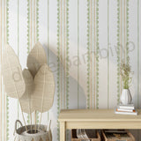 striped pattern wallpaper, and wooden shelf.