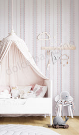 Children's bedroom with striped pattern wallpaper, a canopy bed, toys, and wall decorations.