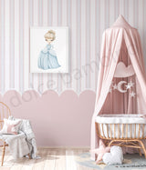Children's room with striped pattern with scallop wallpaper,pink canopy, crib, and wall art of a princess.