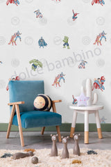 A wall adorned with colorful superhero-themed wallpaper, featuring various iconic superhero characters, in a room with a piano, decorative items, and a vase with flowers.