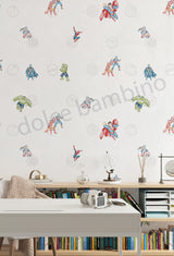 A wall adorned with colorful superhero-themed wallpaper, featuring various iconic superhero characters, in a room.