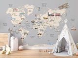 World map wallpaper in a Living room with a toy and decorative items.