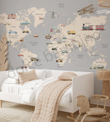 World map wallpaper in a bedroom with a bed and decorative items.