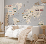 Bedroom with world map wallpaper and white bed