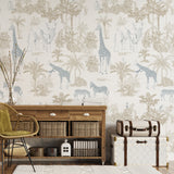 Room interior with wallpaper with animal patterns,wooden console table, wicker chair, and decorative items.