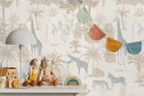 Children's room with safari animal themed wallpaper, toys, a lamp, and decorative elements