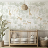 Nursery room with crib, wallpaper featuring animals, and decorative elements.