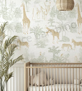 Children's room with safari-themed wallpaper featuring giraffes, zebras, and elephants.