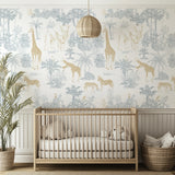 Nursery room with wallpaper featuring animals,crib,and decorative elements.